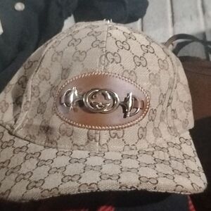 Gucci Beige Monogram Cap with Brown Leather Emblem